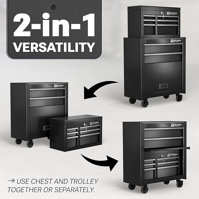 Olympia Tools Tool Chest Cabinet with Drawer - Tool Box with Ball Bearing Fully Extendable Drawers Garage Storage Tools & Equipment (26.5IN Combo Rolling Tool Chest)