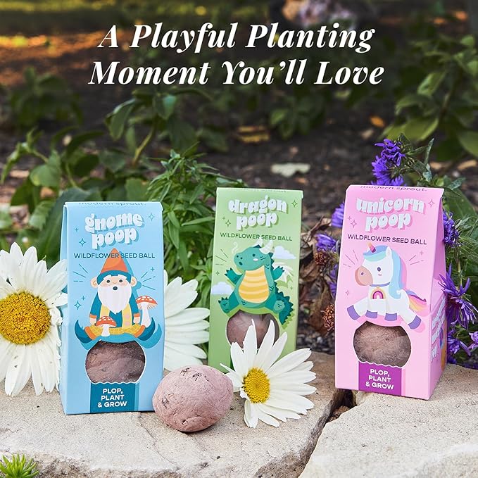Modern Sprout Wildflower Seed Ball Poop - Easter Basket Essentials - Non-GMO Hand-Rolled Clay Seed Bombs with Wildflower Seeds - Gardening Gift Set for Kids & Adults - (Magical Plop - Pack of 3)