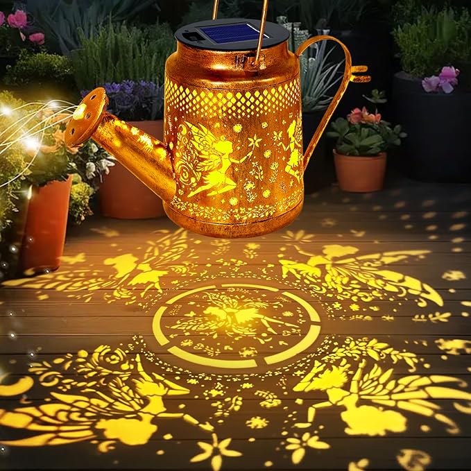 ANGMLN Fariy Solar Lights Outdoor Waterproof, Solar Watering Can Lights with Shepherd Hook, Metal Angel Hanging Lantern Garden Decor Yard Outside Patio Lawn, Gifts for Mom Grandma Women Birthday