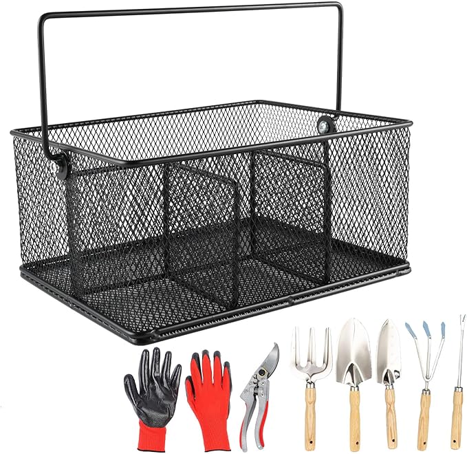 Garden Tools 8-Piece,Black Metal Mesh Garden Basket with Handle,Gardening Hand Tool Set with Pruning Shears,Gloves,Stainless Steel Weed Puller Tool,Ideal Gardening Gifts for Women Men