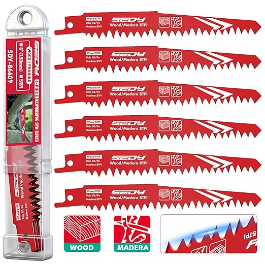 SEDY 6 Inch Reciprocating Saw Blades for Wood Pruning, 5TPI Tree & Green Wood Cutting Blades with Organizer Case, Fast Aggressive Cut, 6 Pack