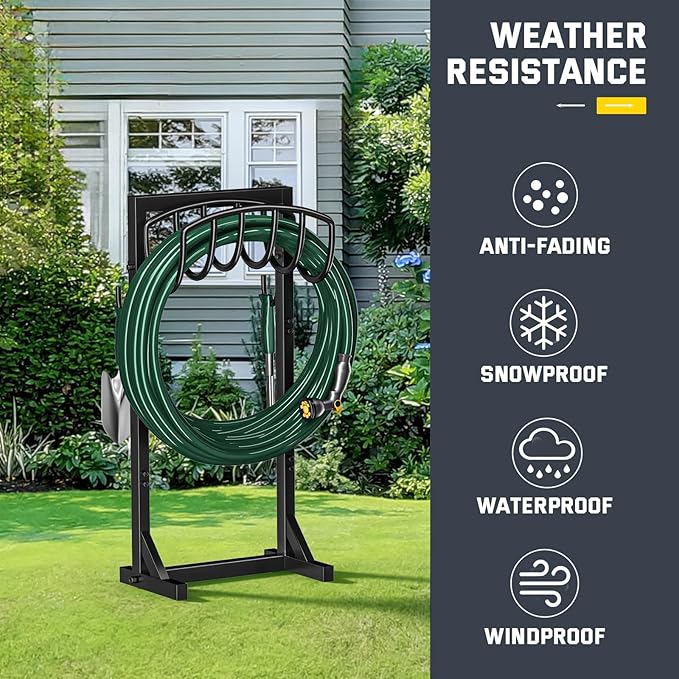 Kesfitt Garden Hose Holder Stand with 4 Spikes & 2 Tool Hooks, Detachable Heavy Duty Metal Freestanding Hose Reel Outdoor Organizer for Lawn Yard Water Storage Rack