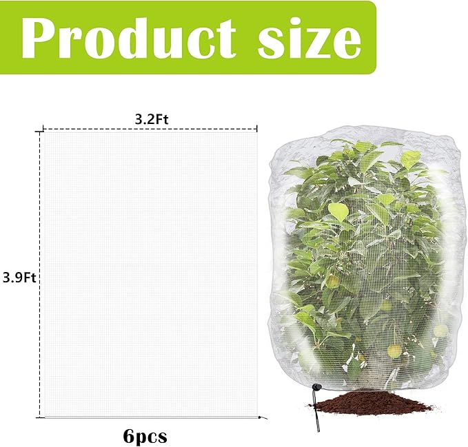 6 Pcs Insect Bird Barrier Tree Net with Drawstring, 3.9 x 3.2 Ft Garden Bird Netting Plant Cover, Fruit Tree Netting for Protect Plants Fruits Flowers from Insect Bird Eating