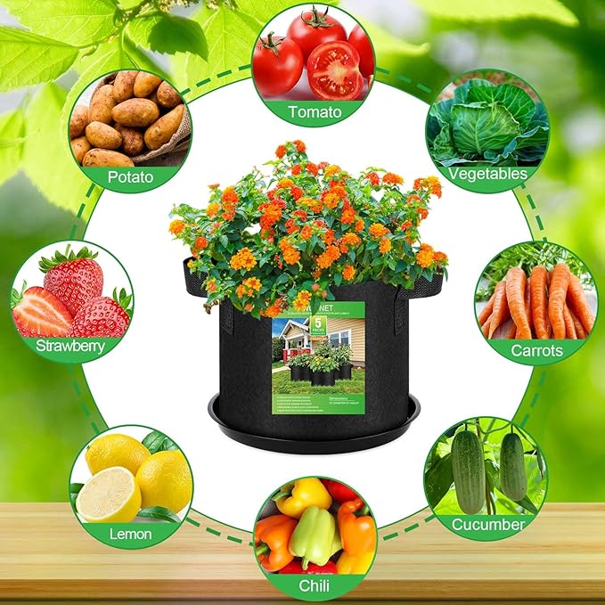 5 Pack 5 Gallon Grow Bags with 5 Plant Saucer and 5 Labels 260g Thickened Nonwoven Fabric Plant Pots with Handles, Garden Grow Bags for Vegetables, Aeration Pots