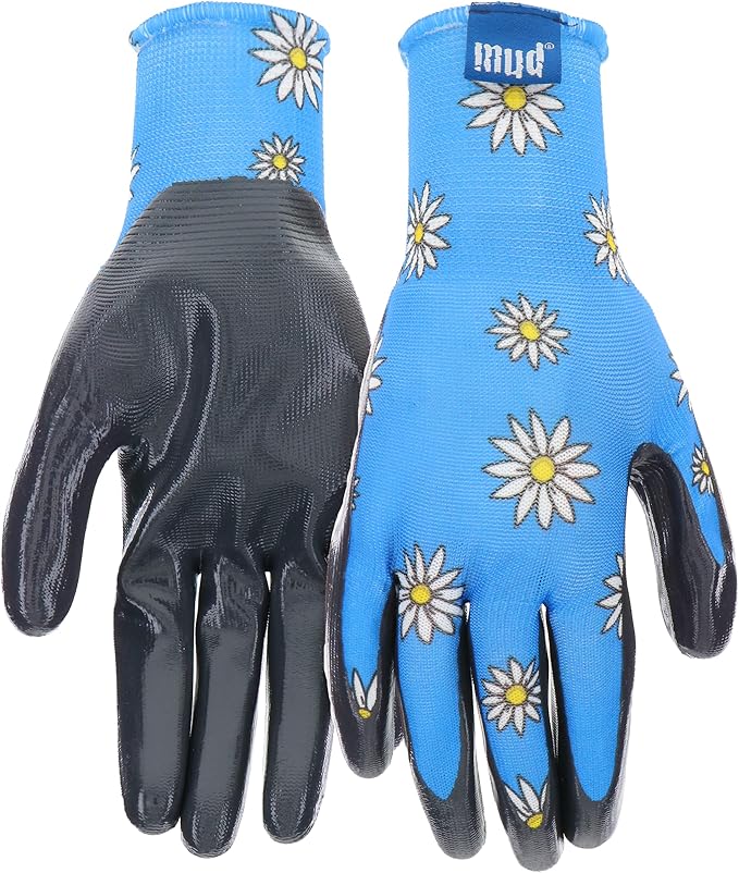 Mud Grip Women's Daisy Printed Polyester Shell and Flat Nitrile Coated Palm Gardening Gloves,