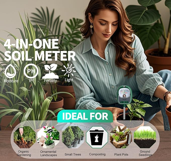 Soil Test Kit, 4-in-1 Soil Moisture Meter/Light/Fertility/Soil PH Meter for Gardening, No Need Battery Soil Tester for Indoor&Outdoor Garden,Farm,Lawn -GrassGreen