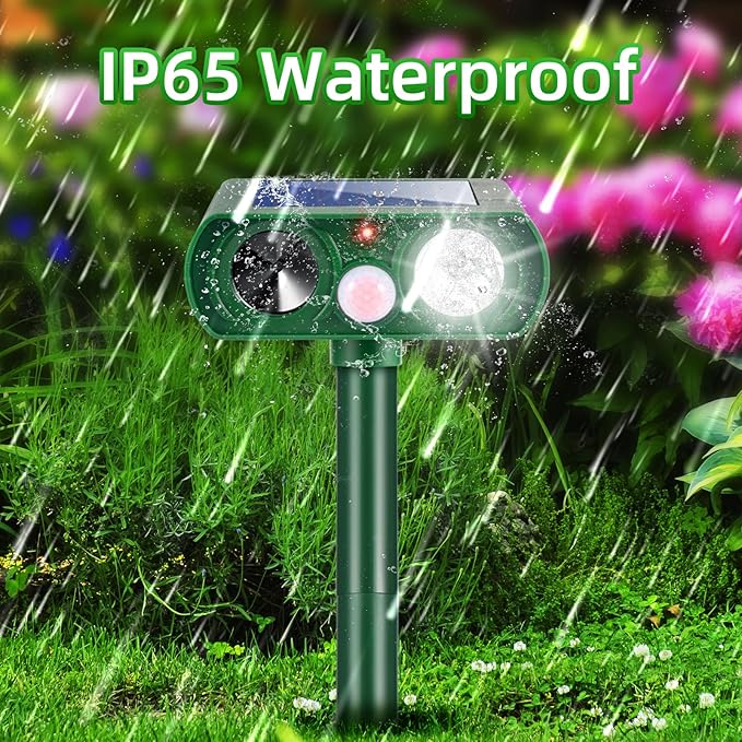 4 Pack Solar Ultrasonic Cat Deer Dog Possum Skunk Rodent Repellent Keep Pest Away Motion Activated with Flash Light for Yard Garden,IP65 Waterproof Squirrel Racoon Fortress Pro Animal Repeller Outdoor