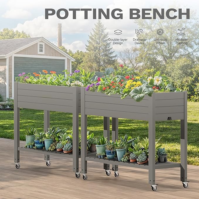 DWVO Raised Garden Bed Kit, 3.6 x 1.5 x 2.8 FT Outdoor Plastic Planter Box with Wheels and Legs, Garden Box with Drain Plug & Storage Shelf for Planting Vegetables, Flowers, and Herbs, Light Brown
