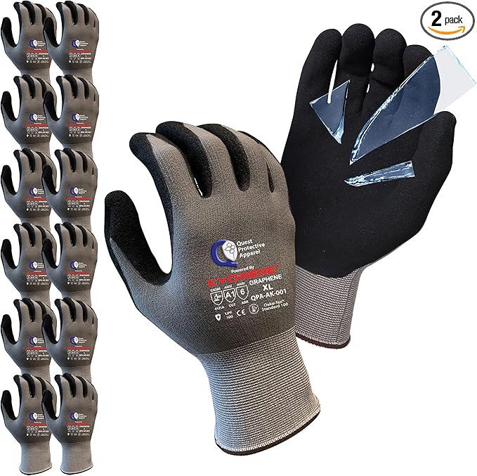 Quest Protective Apparel Cut Resistant Work Gloves (ANSI A1) – Lightweight Graphene Gloves for Gardening,DIY,Mechanical & General Handling – Breathable Grip Gloves for Men & Women – X-Large,Pack of 12