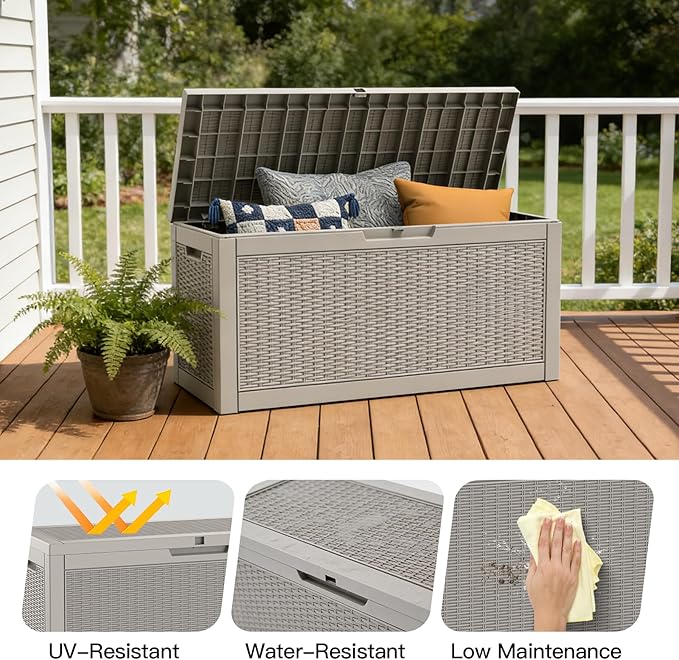 Mars Villa 60 Gallon Deck Box, Waterproof Resin Storage Bin with Lockable Lid, Weatherproof and UV Resistant, for Outdoor Patio Furniture Cushions, Pool Supplies, Garden Tools, Greige