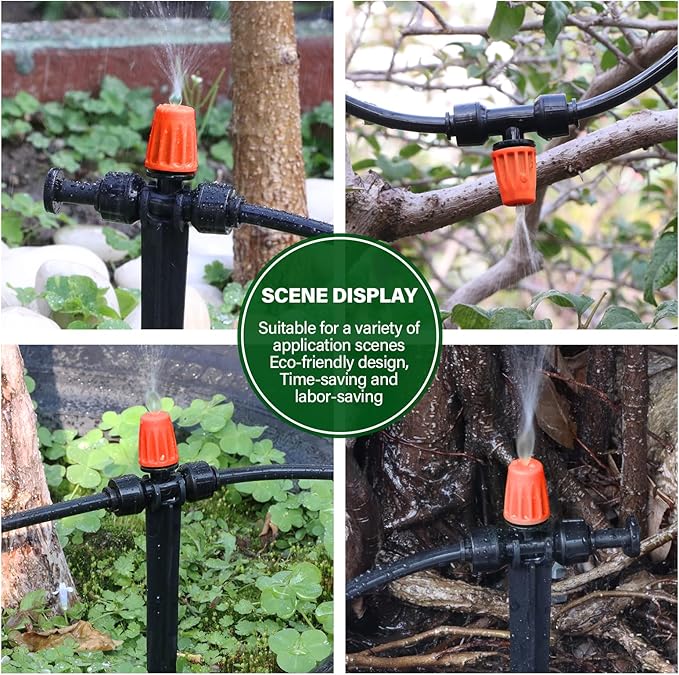 Kalolary 30Pcs Push-to-Fit Drip Irrigation Spray Emitters for 1/4" Tubing,Three-Way Adjustable Atomizing Nozzle Micro Irrigation Dripper Sprinklers with 6PCS End Plugs for Irrigation System(Orange)