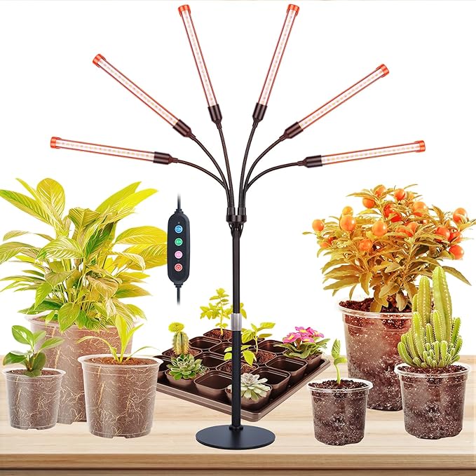 FECiDA 2026 6Head Table Top Grow Lights for Seed Starting, Indoor Plants, Bonsai, 54 Watt Power Draw, NO Need Adapter, 4/8/12/16/20H Timer, 16"-24" Height Adjustable, Big Coverage