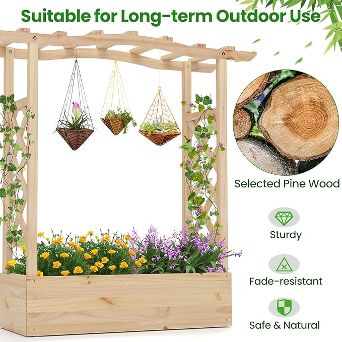 Giantex Raised Garden Bed with Trellis & Hanging Roof, Wooden Elevated Planter Box with Drainage Hole, Freestanding Gardening Planter Raised Bed for Flowers Herbs Climbing Plants Vines, 44”x14”x45”