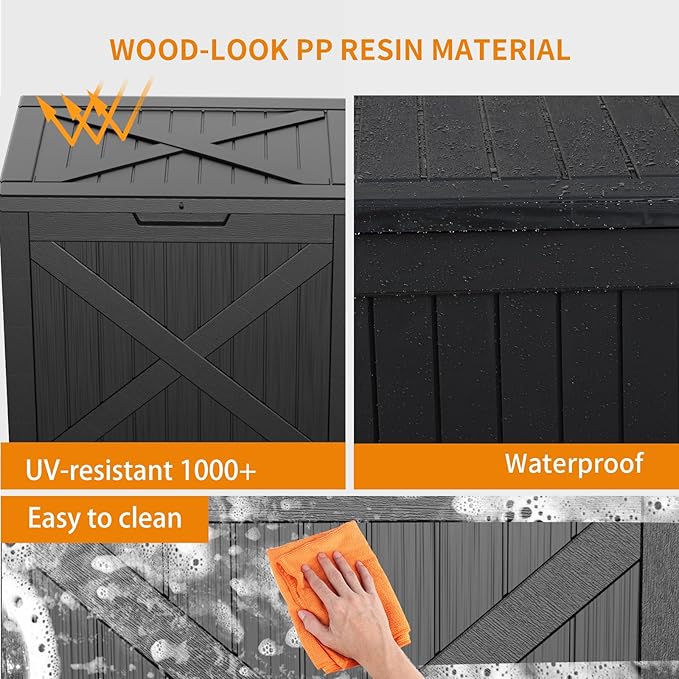 36 Gallon Deck Box Outdoor Storage Box, Waterproof, Lockable, Resin Outdoor Storage for Garden Tools,Indoor Cushions,Accessories Outside Storage Weatherproof Container(Black)