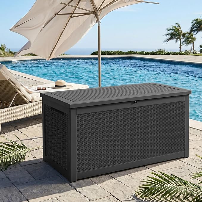 320 Gallon Outdoor Storage Deck Box Waterproof Resin Lockable Outside Bench Porch Patio Furniture Pool Float Garden Tool Cushion UV Resistant Bin Black