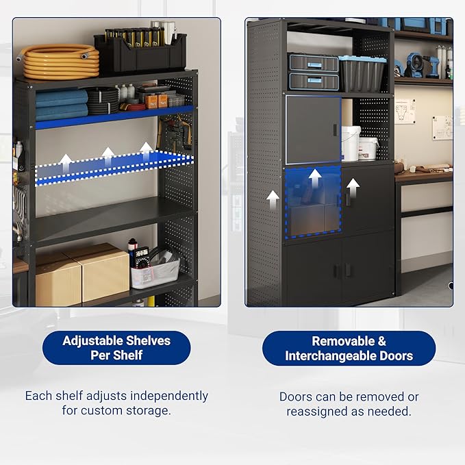 FLEXIMOUNTS Garage Storage Cabinet System, 3-in-1 Modular System with Integrated Workbench, Cabinets & Pegboard, 24-Gauge Steel, 117" L, 6-Door Cabinet for Garage Workshop, Black, FLEXIMOD Series