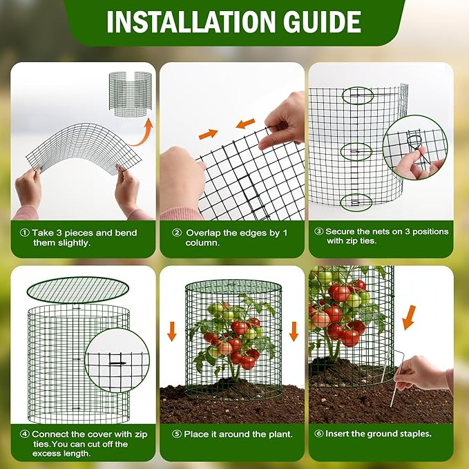 6 Pack Plant Protectors from Animals with Cover, 12" x 12" Round Metal Wire Garden Plant Cages to Keep Animals Out, Rabbit Proof Protection for Vegetables & Flowers with Stakes, Zip Ties & Gloves