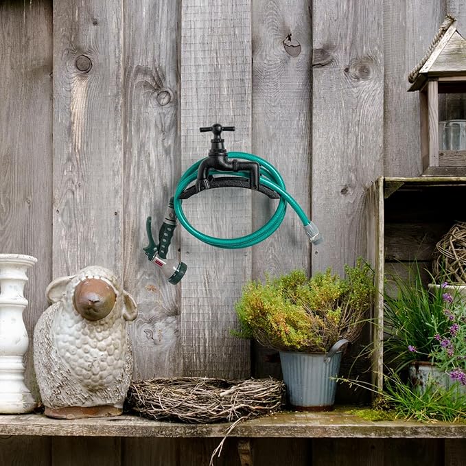 MyGift Brown Heavy Duty Cast Iron Outdoor Garden Hose Hanger Wall Mounted Water Hose Holder Reel with Vintage Scrollwork Design (Spigot Design)