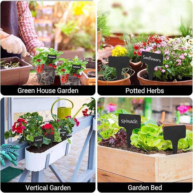 Greaner T-Type Plant Name Tags, 4 Inch 100 PCS Garden Labels Markers for Outdoor Garden Waterproof, Plastic Plant Tags for Indoor Outdoor Pots with A Pen(Black)
