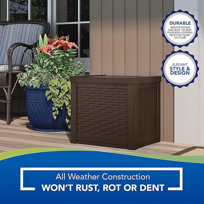 Suncast Small Outdoor Storage Box - 22 Gallon Java Resin Outdoor Deck Box, Flat-Lid Bench Seating, Patio Storage Bin Container for Organizing Tools, Cushions for Porch, Deck, Pool, & Garden