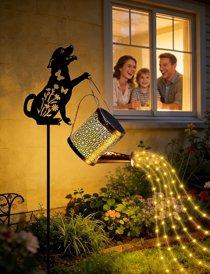 Solar Watering Can Lights with Cascading Light, Solar Lights Outdoor Garden Decor, IP65 Waterproof Hanging Lantern, Hanging Gardening Decor for Outside Patio Porch Yard (Dog)