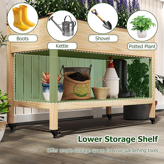 Giantex Mobile Raised Garden Bed, Wood Planter Box with Wheels, Storage Shelf & Liner, 47”x23”x33” Rolling Raised Bed for Indoor Outdoor Plants, Vegetables Flower Herbs Fruit Gardening