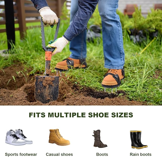 Lawn Aerator Shoes Heavy-Duty Spiked Sandals with Stainless Steel Spikes, Adjustable Loop Straps for Grass Aeration on Patio, Yard, Garden – Black