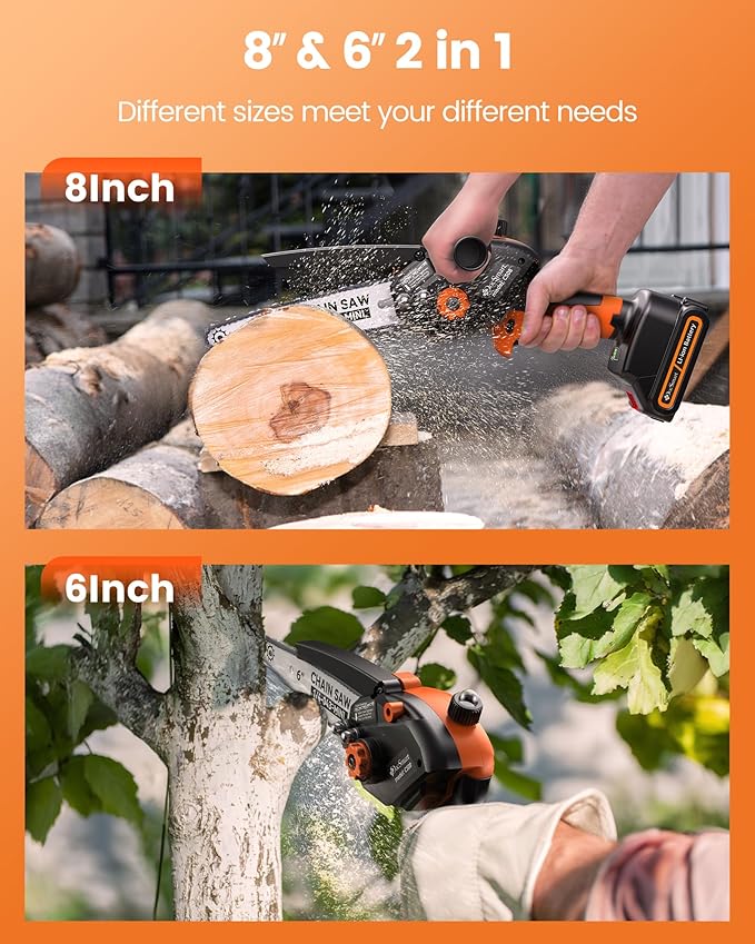 Electric Mini Chainsaw for Pruning Small Trees, Brushless 8 inch & 6 inch Portable Hand Saw with 2 Rechargeable Batteries, 1000W Handheld Chain Saw for Wood Cutting, Gardening Gifts for Father’s Day