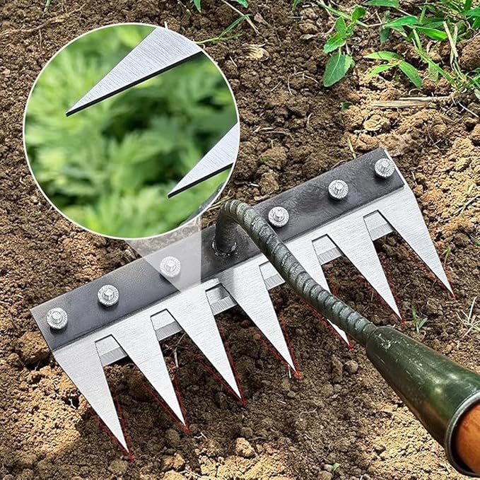 Gardenia Iron Rake 2.0 with 8 Teeth for Versatile Weeding and Gardening, Heavy-Duty Carbon Steel Handle Ideal for Landscaping, Lawn Care, and Soil Cultivation