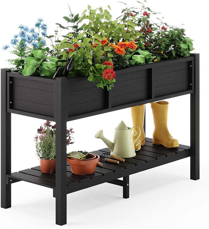 LUE BONA Raised Garden Bed with Tools, 45*18*29 in, Poly Elevated Planter Box with Legs And Storage Shelf, Weather Resistant, 3-Year Warranty, Standing Growing Bed Herb Planter for Vegetable, Black