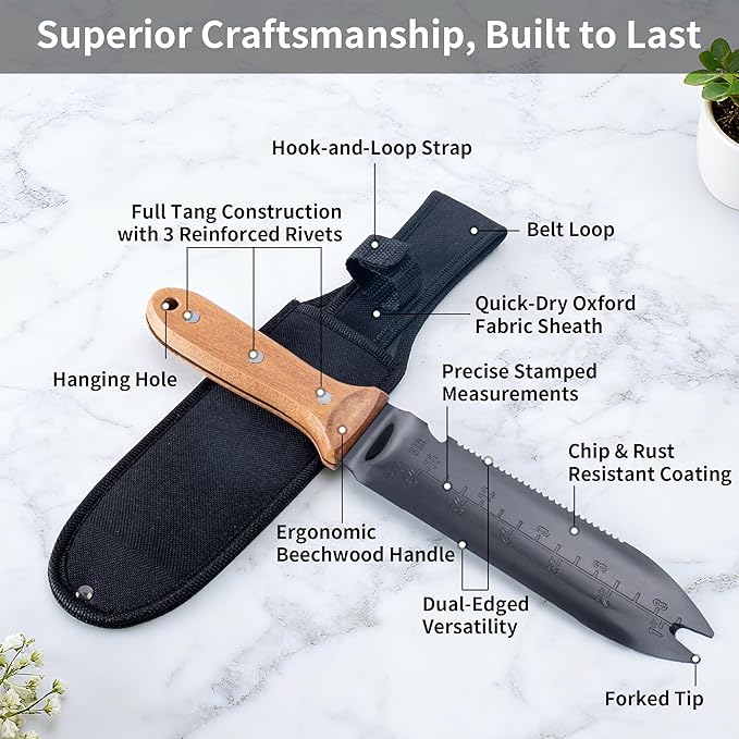 YANG Hori Hori Garden Knife, 7" Stainless Steel Gardening Knife with Oxford Cloth Sheath, Full Tang Beechwood Handle Garden Tool for Dividing Plants & Weeding, Forked Tip for Transplanting