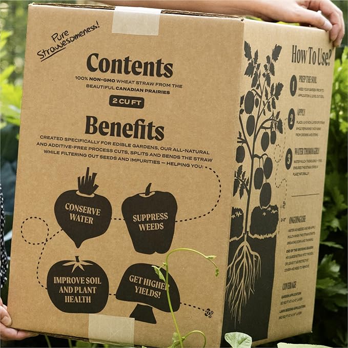 GardenStraw Mulch Box, 2 cu ft (10 lb) – All-Natural, Sustainable Wheat Straw for Gardens, Lawn Seeding – Water-Conserving – Cleaned, Zero Plastic Package