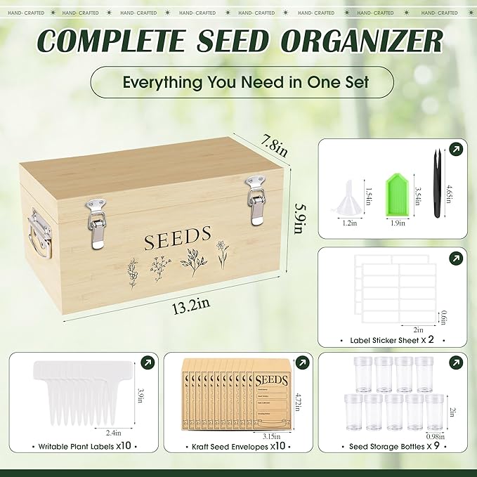 Bamboo Seed Storage Organizer, Large Garden Seed Organizer with Lid & Safety Lock & Handles, Seed Box Includes Seed Envelopes and Labels etc, Great Gifts Gardening Kit (Wood)