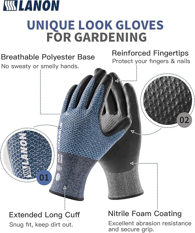 LANON Gardening Gloves for Men Women, 6 Pairs Nitrile Coated Garden Gloves with Grip, Breathable B.COMB AIR Technique, Dusty Olive & Bluebird, Medium