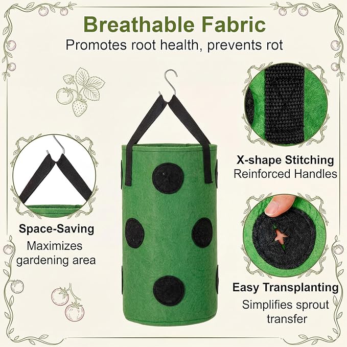 12-Pack Upside Down Grow Bags for Strawberries, Tomatoes & Vegetables - 3 Gallon Hanging Planters with 12 Planting Holes, Dark Green Breathable Fabric Garden Bags for Outdoor Herbs & Fruits