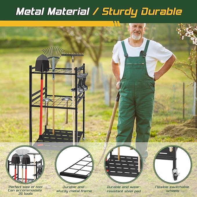 Garden Tool Organizer, 3-Tier Yard Tool Storage Rack with 35 Slots & 3 Hooks, Heavy Duty Garage Organizer for Shovels, Rakes & Brooms (33.6" x 11.5" x 17")
