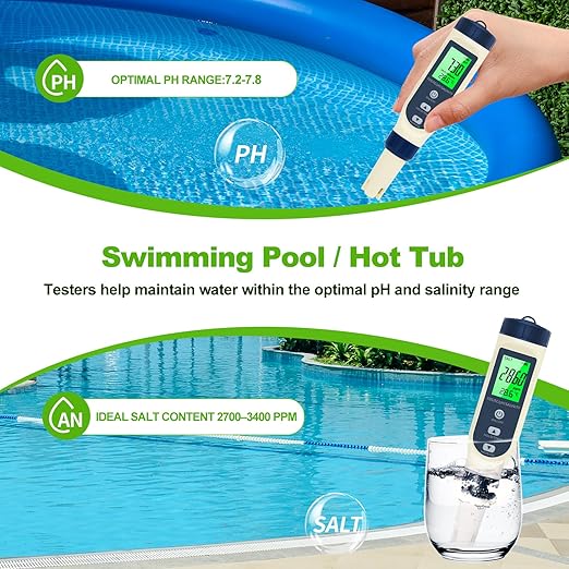 Pious PH Tester Digital, 5 in 1 PH Meter for Water/Salinity Meter/tds/ec/Thermometer, Pool Salt Tester with Constant Temperature Compensation, Suitable for Drinking Water Swimming Pools Aquariums