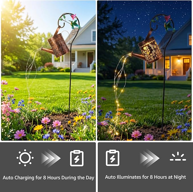 MEBRUDY Solar Garden Decor Lights, IP44 Waterproof Metal Hummingbird Solar Watering Can Lights Outdoor Decor for Yard Pathway Patio Lawn, Gifts for Women Mom Grandma Birthday