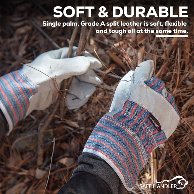 SAFE HANDLER Work Leather Gloves with Cool Cotton Lined Backing Lightweight & Versatile Split Leather Safety Cuff Work Gloves