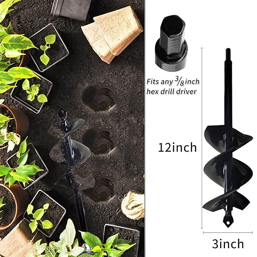 TCBWFY Garden Auger Spiral Drill Bit for Planting 3x12inch,Solid Core Shaft Auger for Bulb Planting Bedding Plants,Hole Digger for 3/8"Hex Drive Drill