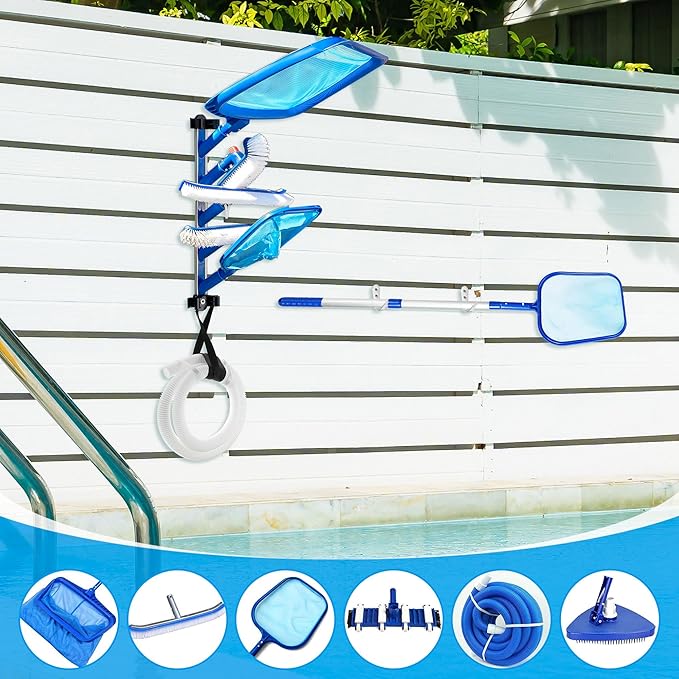 Swimming Pool Accessories Holder, Pool Cleaning Accessory Organizer and Holder Rack, Pool Tool Organizer Storage Rack for Poles, Skimmers, Leaf Rakes, Nets, Brushes, Vacuum Hose