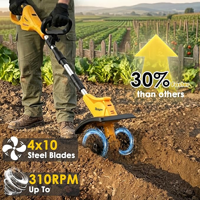 Garden Tools - Cordless Tiller Cultivator Compatible with DEWALT 20V MAX Battery (Tool Only), 310RPM Electric Rototiller with 40 Steel Tines, 9.1In Tilling Width & 6.3In Depth Tiller, Folding Design