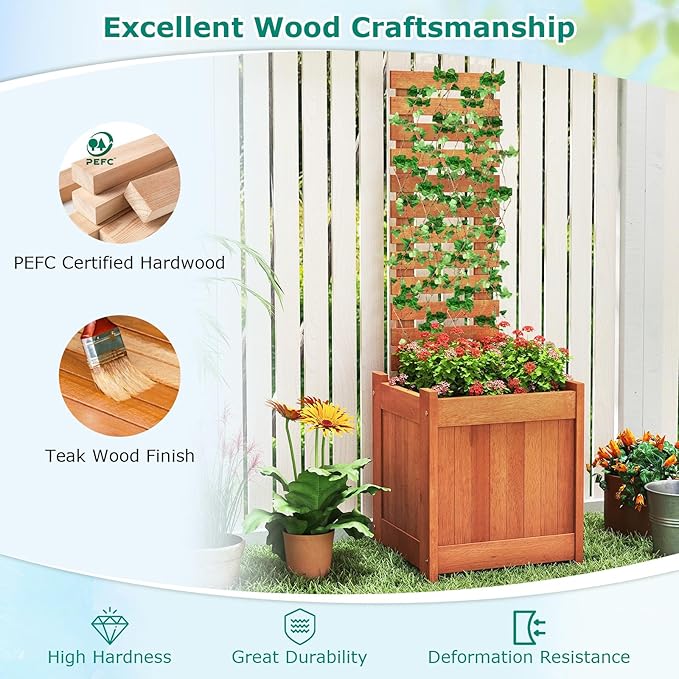 Giantex Wood Raised Garden Bed with Trellis Set of 2, Outdoor Planter Box w/Open-Ended Base for Climbing Plants, 18'' Planting Depth Freestanding Privacy Planters Trellis Planter for Patio, Backyard