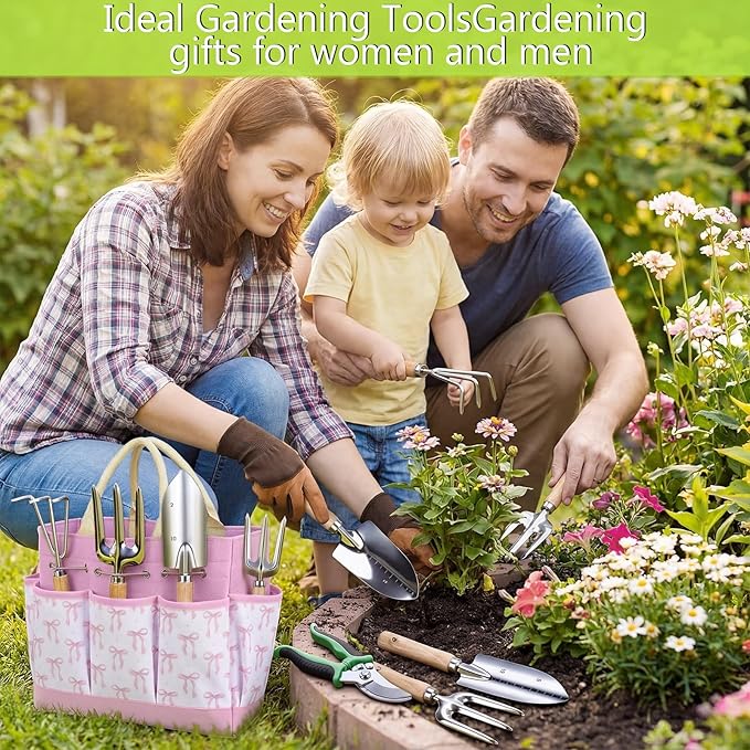 Chumia 9 Piece Pink Gardening Tools for Women Mothers Garden Gifts Pink Bow Gardening Set Stainless Steel Heavy Duty Garden Tools Kit with Organizer Bag Ergonomic Wooden Handle for Gardeners Beginner