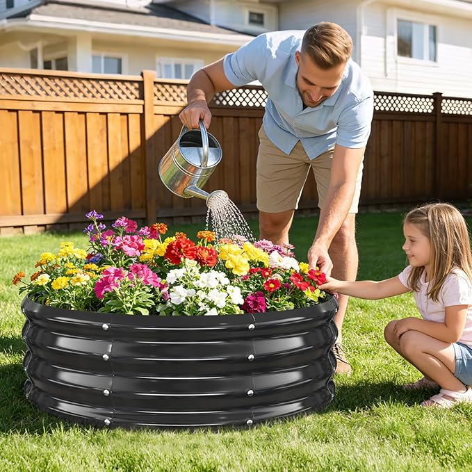 12 Inch Tall Heavy-Duty Round Steel Rised Garden Bed – Wave-Shaped Design Galvanized Metal Planter Box for Vegetables Flowers Succulent at Patio/Garden Outdoor (Black, 36" Diameter)