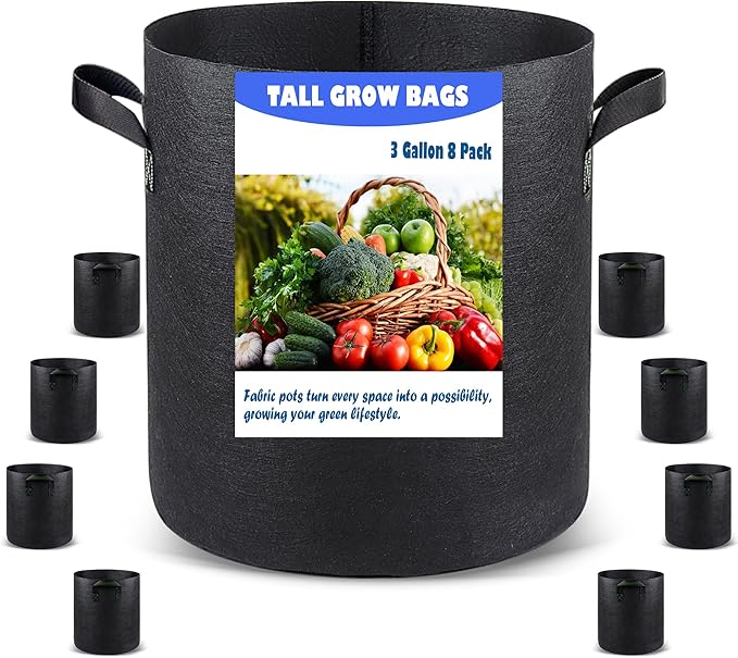 Taller Grow Bags for Deep Root Plants, 3 Gallon 8 Pack Thickened Nonwoven Fabric Pots with Short Handles, Washable Reusable Cloth Plant Bags for Vegetables, Pond Aquatic Plants