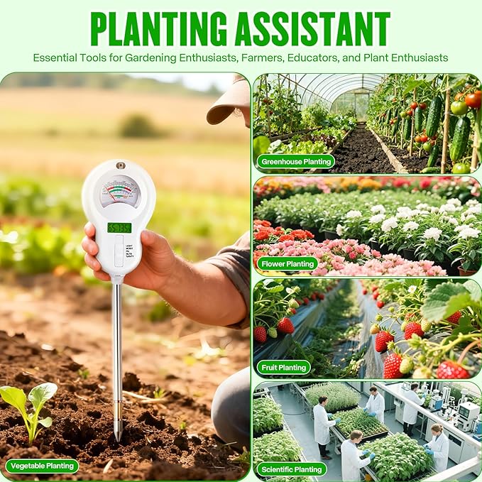 6-in-1 Multifunctional Soil Moisture Meter, pH/Temperature/Soil Moisture/Sunlight/Air Humidity/Soil Fertility Soli Analyzer for Farming, Gardening, Lawns