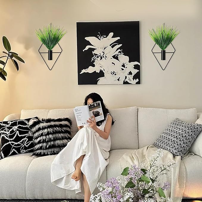 2 Pack Black Wall Decor Hanging Planters with Artificial Plants Metal Hanging Vase Indoor Plants Holder Modern Boho Wall Art for Bathroom Bedroom Living Room Office (Black, Aquatic Plant)