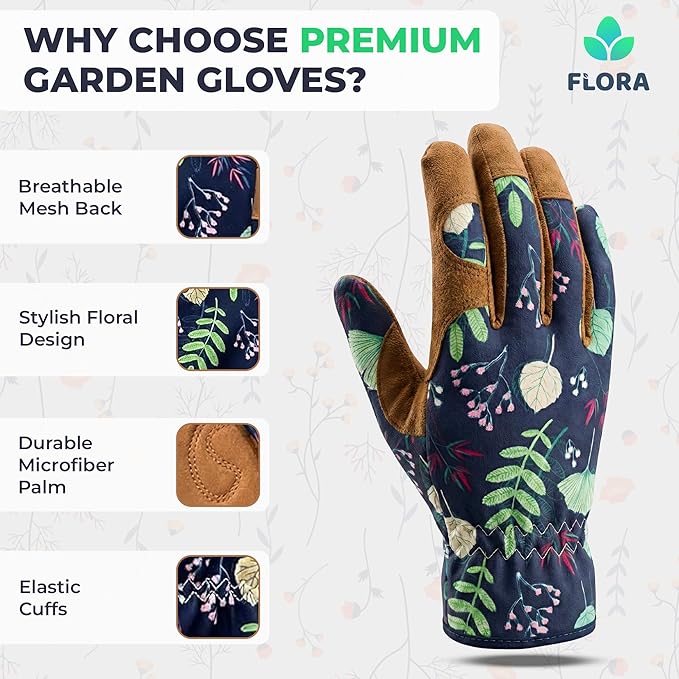 Flora Women’s Gardening Gloves, Thorn-Resistant Microfiber Leather | Breathable, Flexible Grip Work Gloves for Digging, Planting, Weeding & Pruning