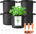 5-Pack 10 Gallon Grow Bags for Potato Tomatoes Vegetables, 5 Pack Terracotta Plant Self-Watering Stake Spike for Outdoor Indoor Plants, 300g Heavy Duty Thickened Nonwoven Fabric Cloth Pot Planting Bag
